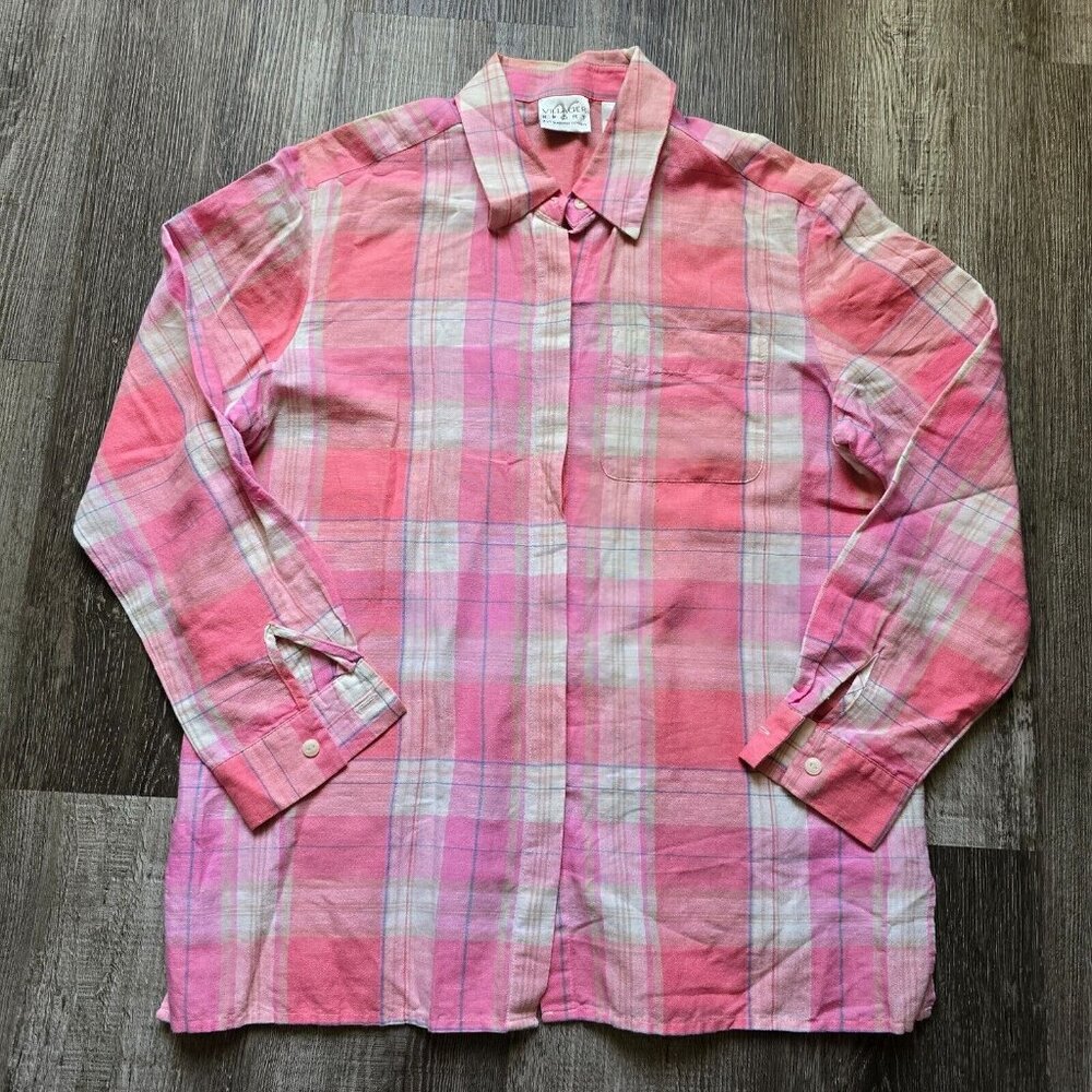 Villager Sport Liz Claiborne Top Pink Womens Size Small Linen Shirt Plaid Untuck